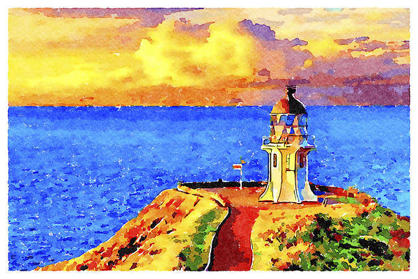 Cape Reinga Lighthouse New Zealand Watercolour by Travelling Light