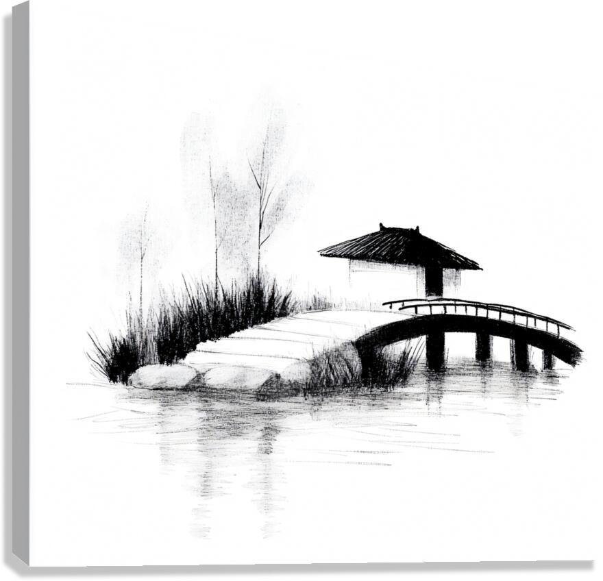 Japanese Garden Monochrome Sketch by Travelling Light Wall Art