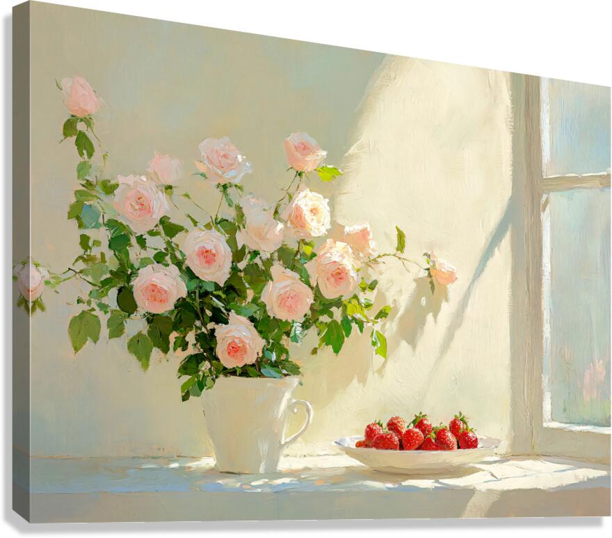 Still Life Pink Roses and Strawberries by a Window Canvas Print