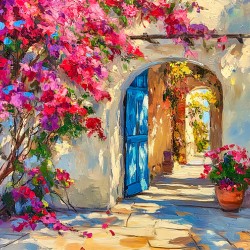 Courtyard with Blue Door and Pink Roses