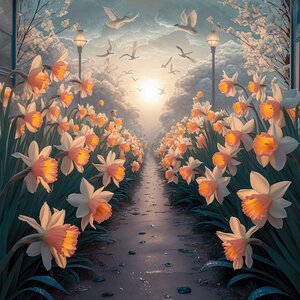 Dawns Embrace on a Field of Daffodils 3D Rendering