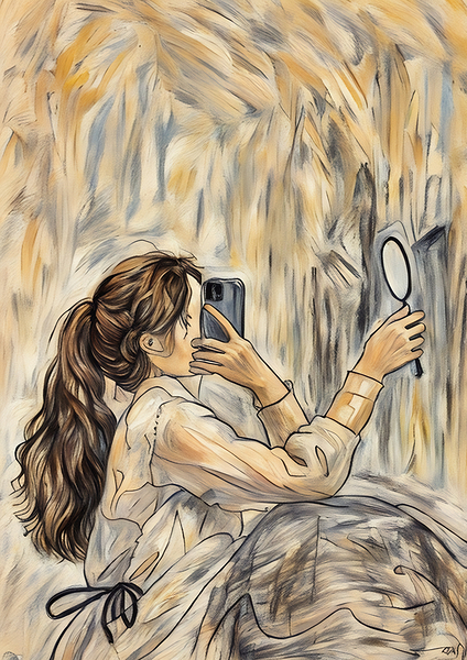 ArtXcl 045 woman phone mirror drawing Print