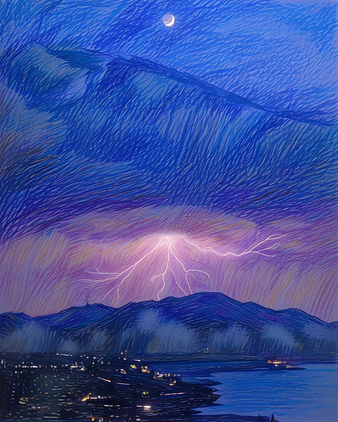 ArtXcl 227 lake lightning night sketch style Print