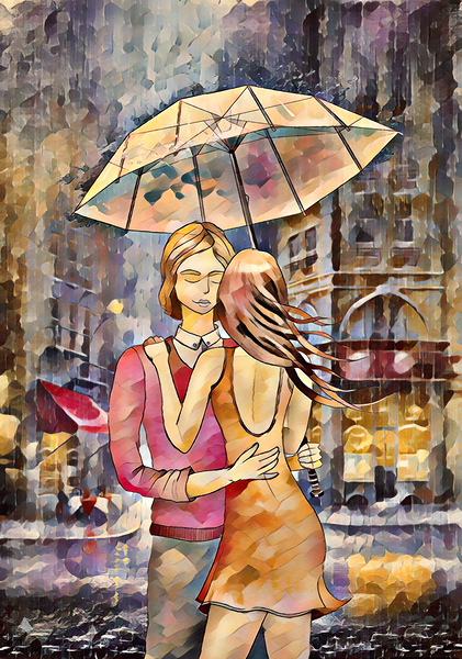 ArtXcl 070 pair in rain embracing oil paint-style Print