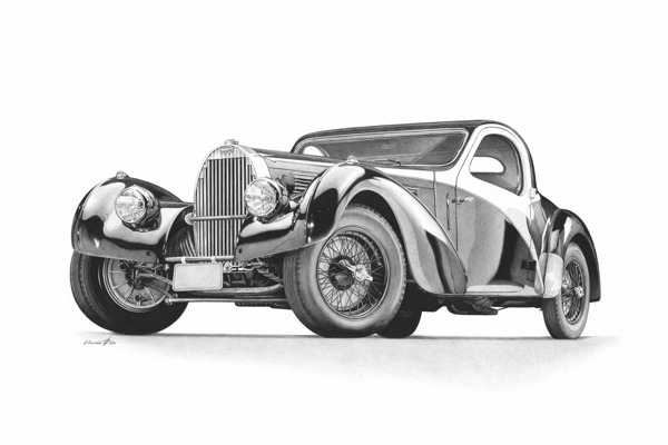 Automotive Print: Classic Bugatti Drawing by R7ART