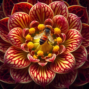  A Honeybee in the Heart of a Fiery Dahlia: A Vivid Encounter of Natures Intricate Designs.