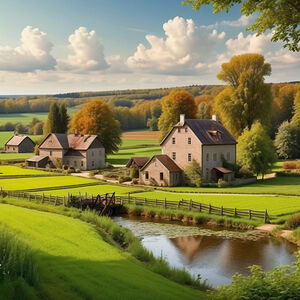 beautiful landscape country house with fields and