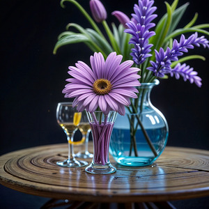  A Still Life of Purple Gerbera and Agapanthus in a Blue Vase