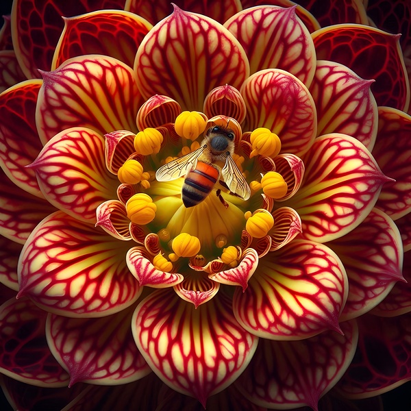  A Honeybee in the Heart of a Fiery Dahlia: A Vivid Encounter of Natures Intricate Designs. by Jehad Hamdan