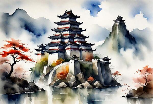 Dreamy Watercolor of an Asian Castle Floating on Clouds by Jehad Hamdan