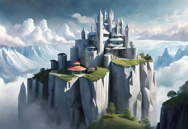 Architectural Marvel on a Rocky Precipice: A Fusion of Gothic and Art Deco Inspirations Print