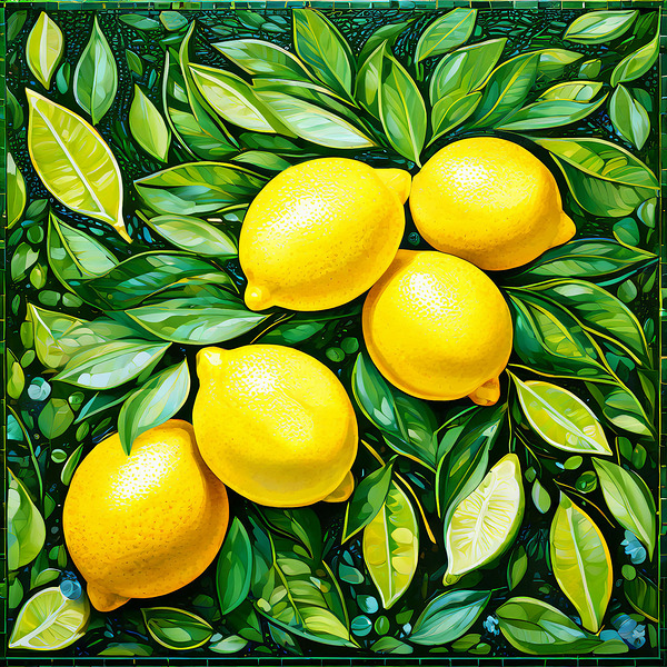 A vibrant mosaic of fresh lemons and leaves by Jehad Hamdan