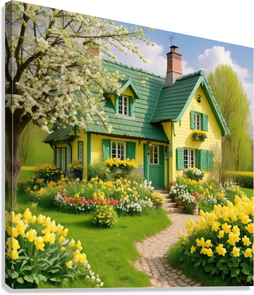 romantic april cottage with flowers in green and Canvas Print