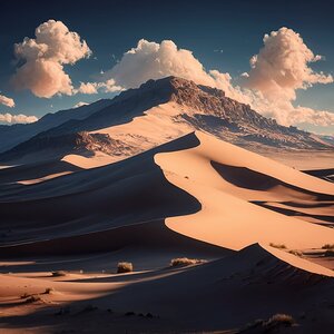 Breathtaking view of a desert landscape with towering sand dunes and a brilliant blue sky