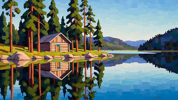 Painterly Cabin Landscape Wall Art – Textured Pine Forest & Lake Scene Serene Impasto Style Art Print by Ghassen nasser