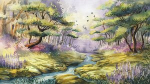 Tranquil Forest Stream   Serene Nature Landscape Watercolor Wall Art 
