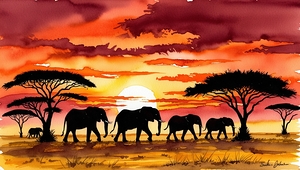 Golden Serengeti Silhouettes: Elephants at Dusk 1