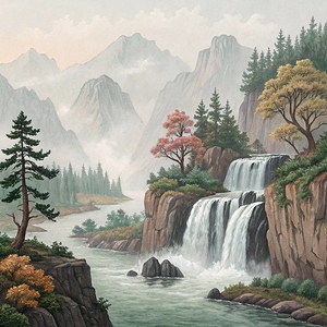 Serene Cascade: Tranquil Waterfall and Mountain Landscape