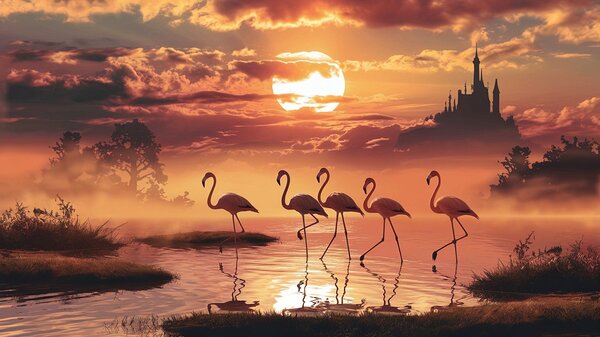 Twilight Elegance: Flamingos at Sunset  by Mohammed adam