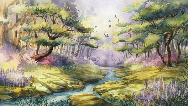 Tranquil Forest Stream   Serene Nature Landscape Watercolor Wall Art  by Mohammed adam
