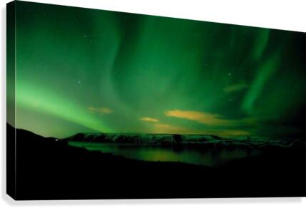 green northern lights on lake Canvas Print