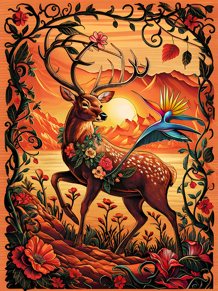 A majestic deer decorated with flowers and leaves Print