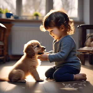  Cute little girl playing with a puppy