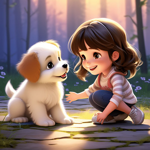 LITTLE GIRL TALKING TO HER PUPPY