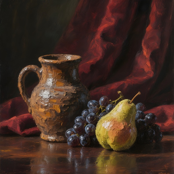 Classic Still Life Painting: Pear Grapes and Clay Pitcher by Artistic Visions