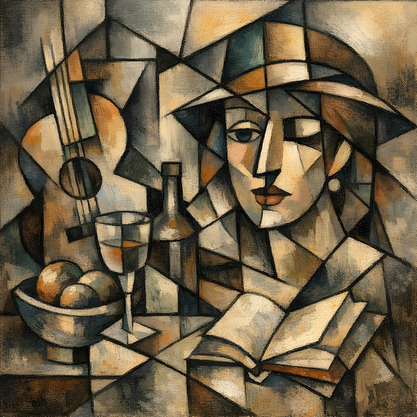Cubist Still Life: Woman Reading with Guitar and Wine by Artistic Visions