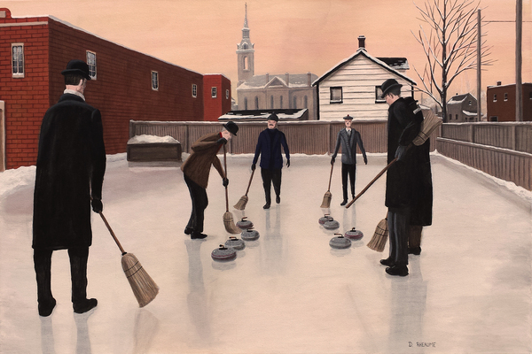Vintage Curling Scene on Outdoor Rink by Dave Rheaume