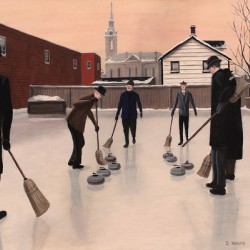 Vintage Curling Scene on Outdoor Rink