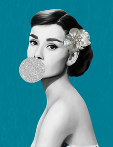 Audrey Hepburn Silver Glitter Bubble Art – Luxury Glam Wall Decor – Black & White Portrait by ArtByLumy