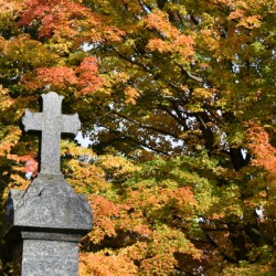 A tombstone in autumn