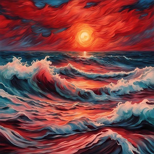 Dramatic Sunset over Ocean Waves
