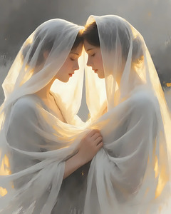 Two Women Draped in White Veils