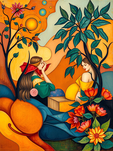 Whimsical Women in Dreamlike Garden