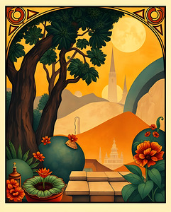 Idyllic Garden with Distant Towers