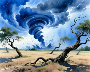 Dramatic Tornado Swirling Over Plain