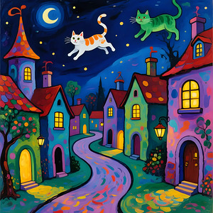 Whimsical Cats Flying Over Village