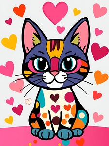 Colorful Cat Surrounded by Hearts