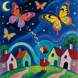 Girl Gazes at Celestial Butterflies