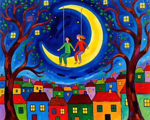Children Swinging on a Crescent Moon