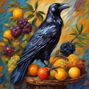 Crow and Fruit Still Life