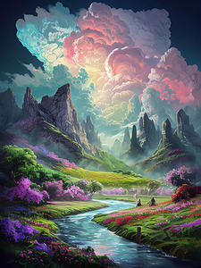 Vibrant Fantastical Landscape Under Luminous Full