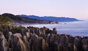 Rock formations at sunset; Punakaiki, South Island, New Zealand