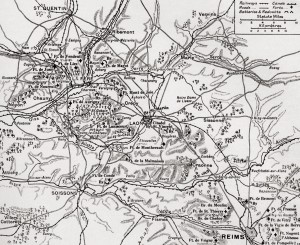 Map illustrating the region of the First Battle of the Aisne, fought along the Rivers Aisne, Oise and Somme, France during WWI.  From The War Illustrated Album Deluxe, published 1915.