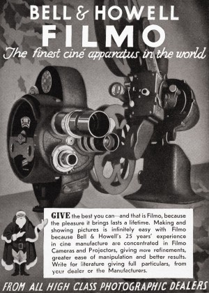 1930's advertisement for the Bell and Howell Filmo cine camera.  From The Illustrated London News, Christmas Number, 1933.