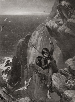 Young boy gathering eggs from a nest set in a rocky cliff face in the mid 19th century.  From Bibby's Annual published 1910.