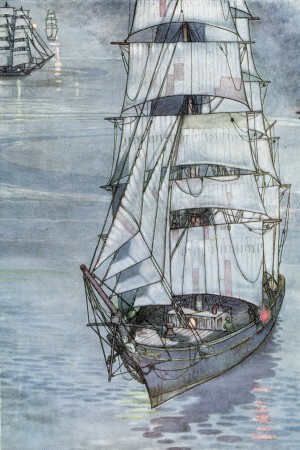 Illustration by W. Heath Robinson to the poem The Coastwise Lights by Rudyard Kipling.  From A Song of the English, published c.1914
